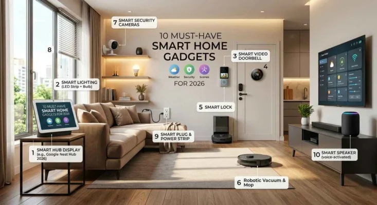 Smart home gadgets for 2026 including voice assistants, smart lights, and home automation devices.